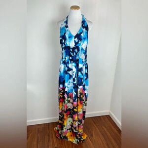 Eliza J Halter Tie Back Maxi Floral Dress Sleeveless Pockets Womens Size 12 B30